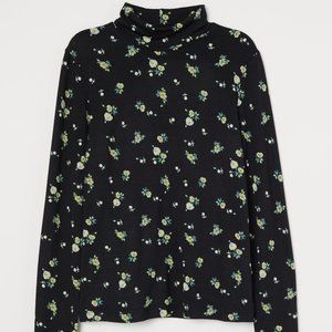 H&M  Jersey Turtleneck Top in Black/Yellow Floral